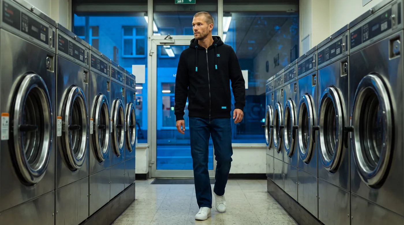 Model im Riverso-Hoodie im Waschsalon