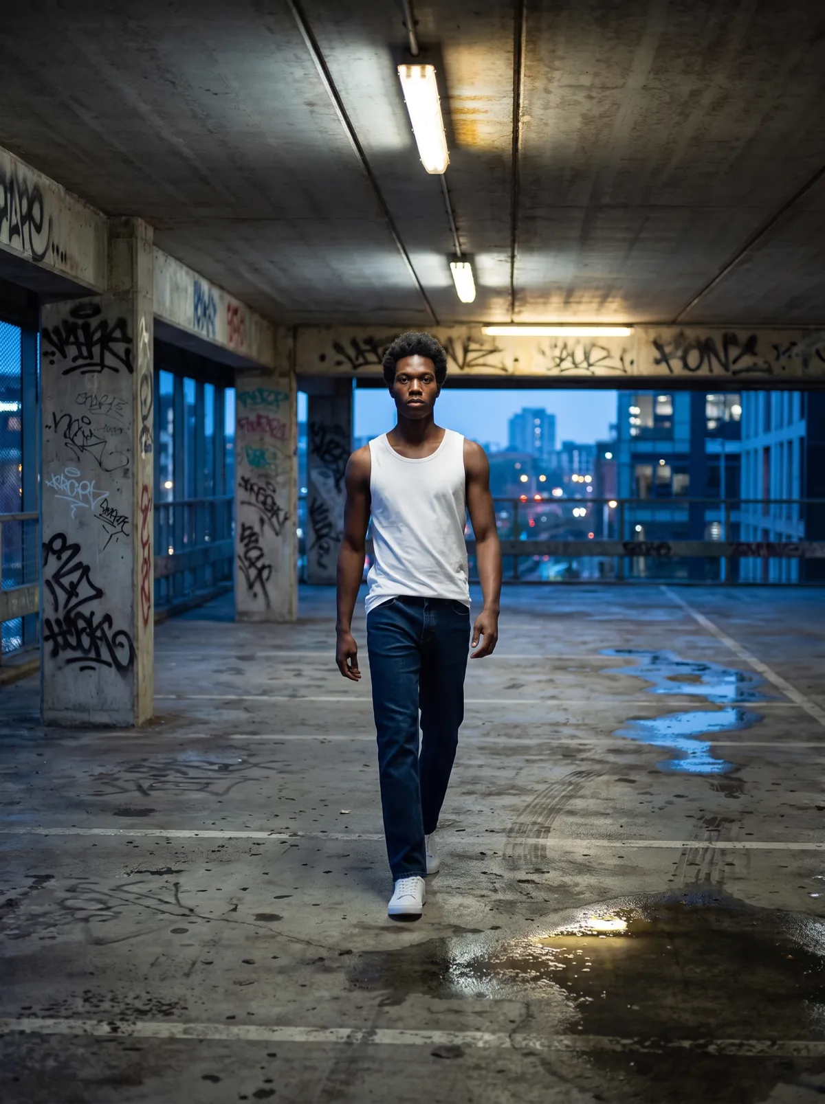 Model in Denimfy-Jeans im Parkhaus