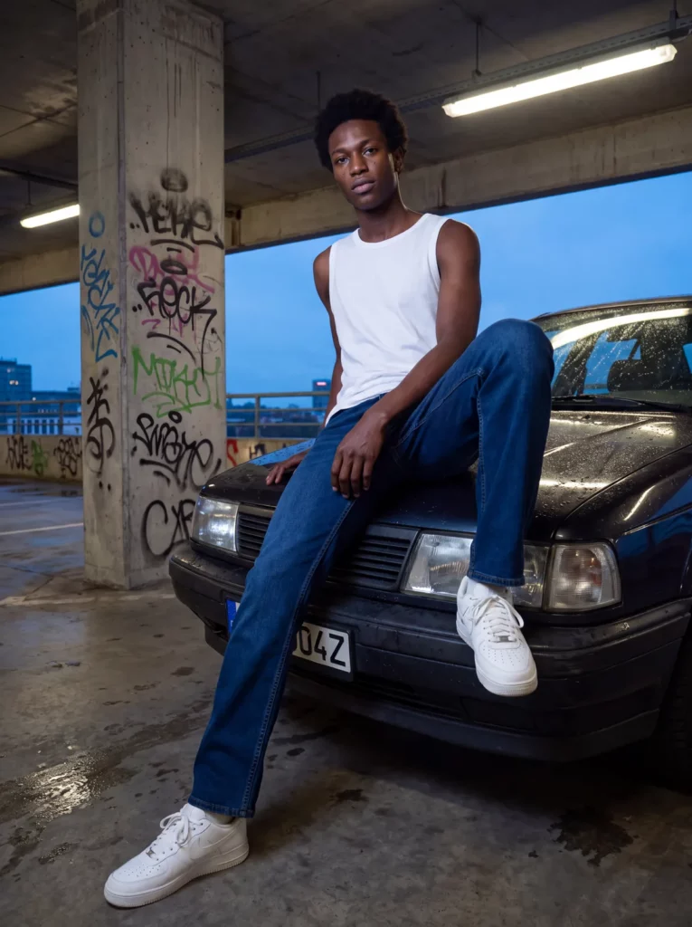 Denimfy-Kampagnenmotiv mit KI-Model, Detail der Jeans