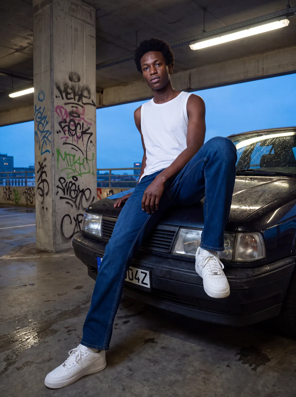 Model posiert an einem Auto im Parkhaus