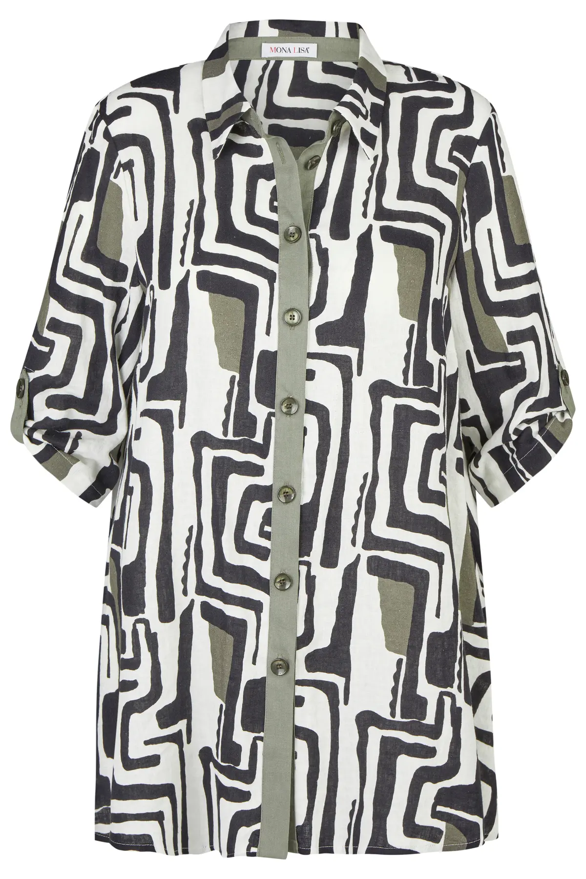 Longbluse mit grafischem Print und olivgrüner Knopfleiste, Ghost-Mannequin-Aufnahme