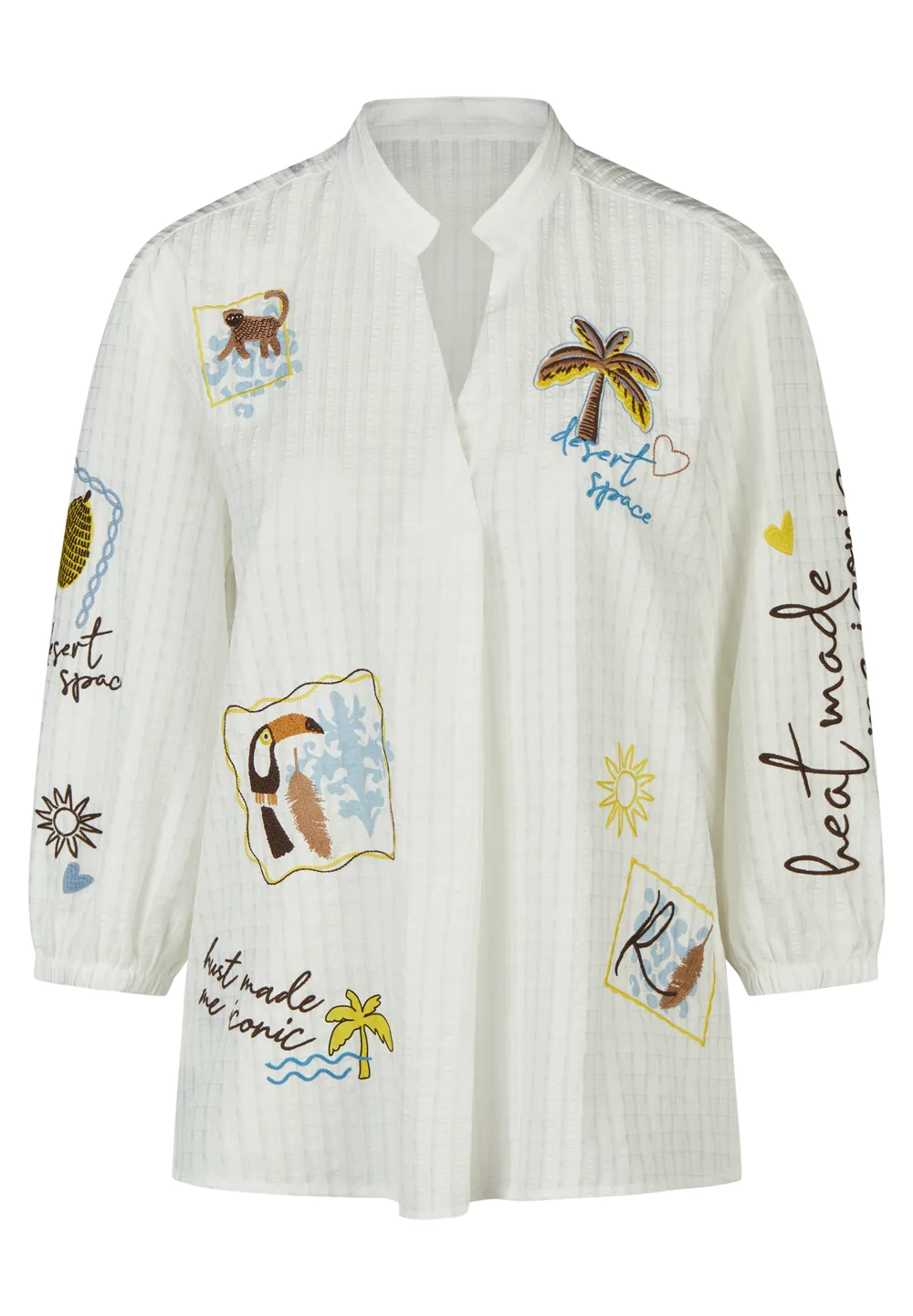 Bestickte weiße Bluse mit Palmen- und Tiermotiven, Vorderansicht