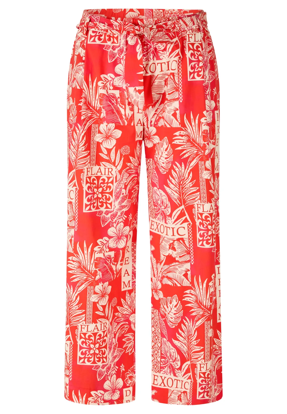 Rote Hose mit exotischem Blumen- und Schriftprint
