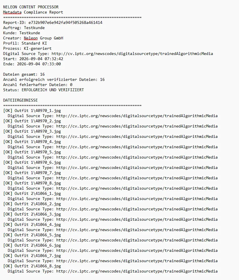 Metadata Compliance Report des Neleon Content Prozessors mit Herkunftsnachweis-Protokoll