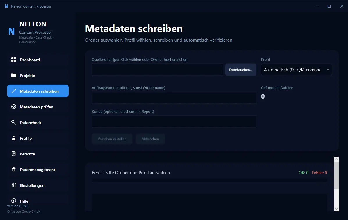 Benutzeroberfläche des Neleon Content Prozessors beim Schreiben von IPTC-Metadaten in ein KI-Bild