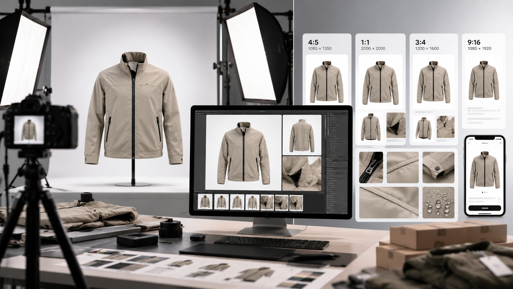 Produktfotos Zalando Amazon: Produktfoto-Shooting einer Jacke im Studio, daneben die daraus abgeleiteten Ausgabeformate für verschiedene Marktplätze (4:5, 1:1, 3:4, 9:16) inklusive Detailausschnitte und mobiler Shop-Ansicht