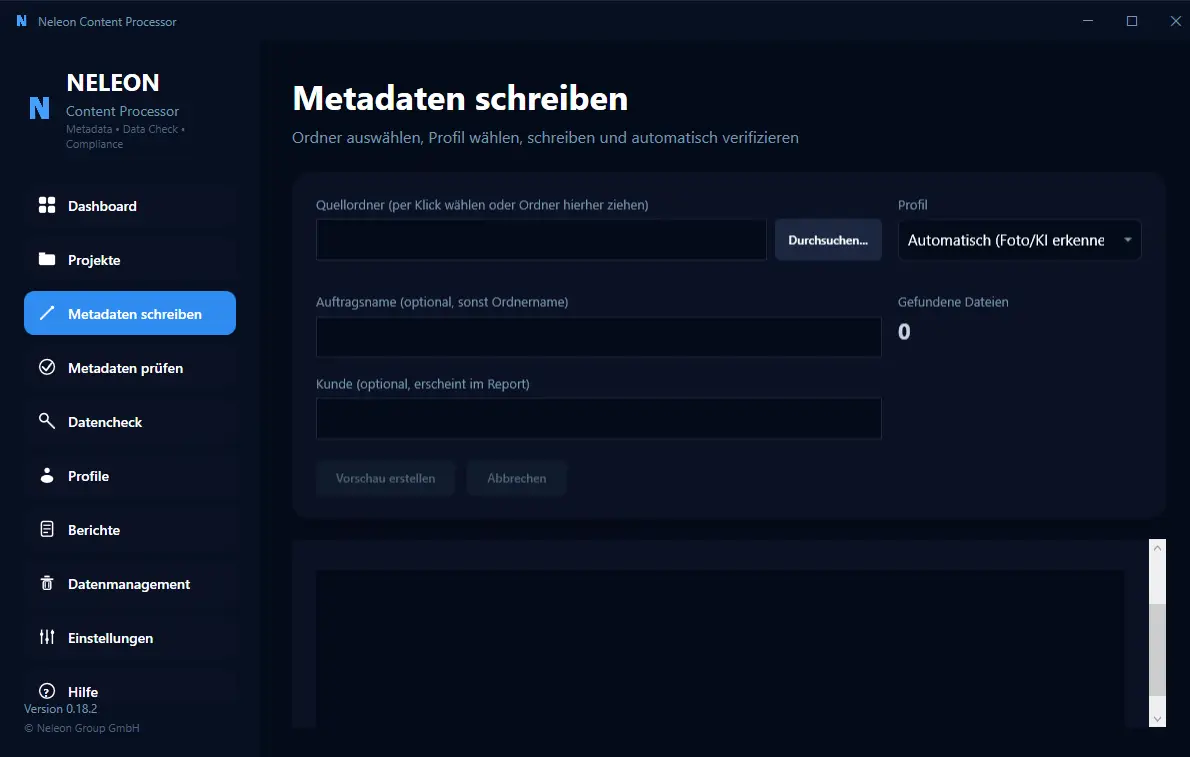 Screenshot des Neleon Content Prozessors – automatisierte Erkennung und Kennzeichnung von KI- und Foto-Content