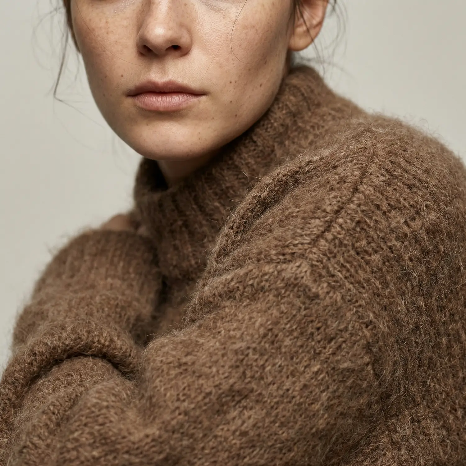 KI-generiertes Fashion Model mit braunem Strickpullover – Neleon KI Fashion Content