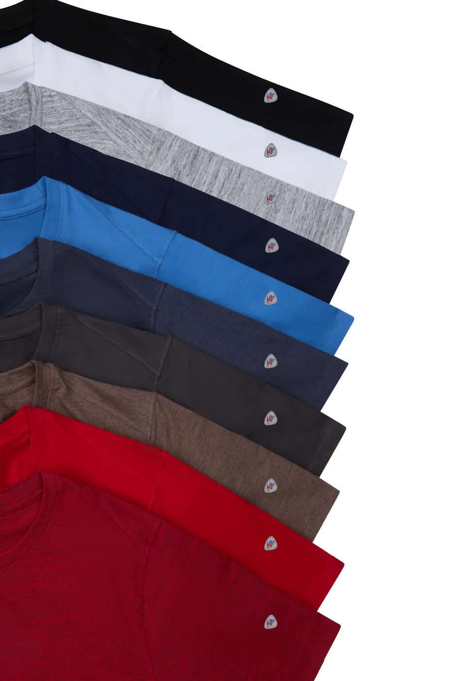 Produktfoto: BP-Shirts in zehn Farben als Fächer, Detail mit Logo-Badge