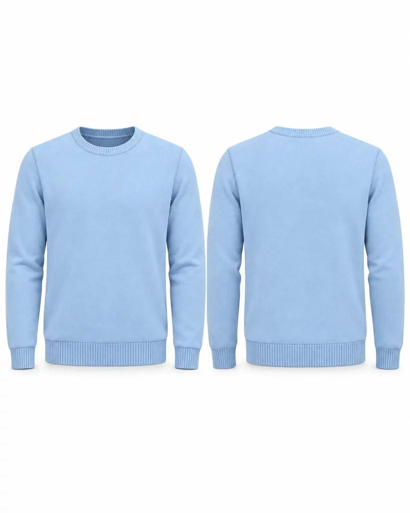 KI-Hollowman eines hellblauen Pullovers, aus einer technischen Zeichnung erzeugt, Vorder- und Rückansicht