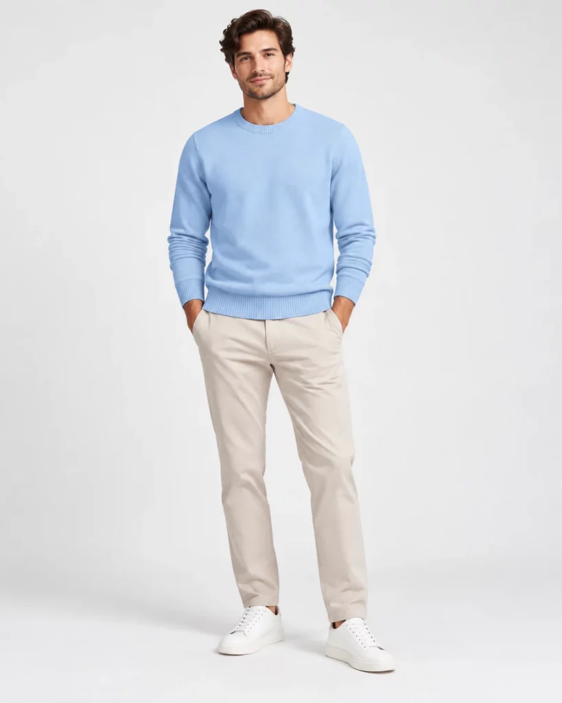 KI-generiertes männliches Model in hellblauem Pullover, heller Chino und weißen Sneakern