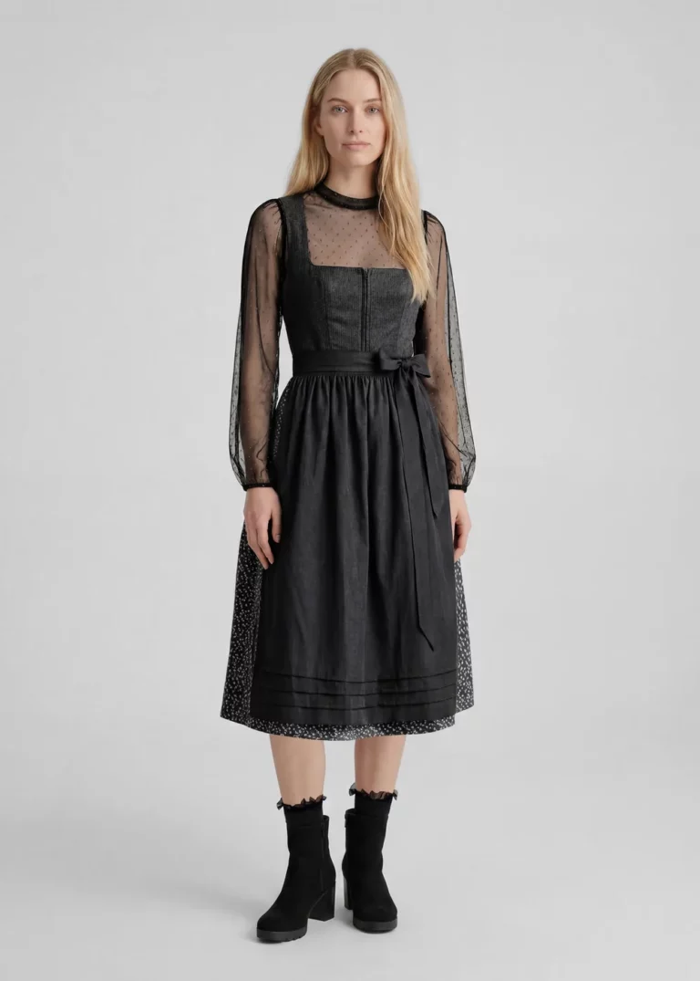 KI-Model im schwarzen Dirndl mit transparenter Tüllbluse, Frontansicht