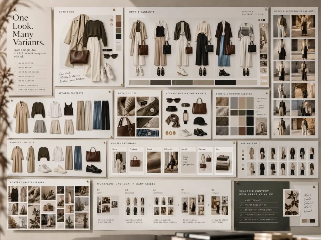 Moodboard mit Outfit-, Farb- und Hintergrundvarianten, die per KI aus einem einzigen Basis-Look entstanden sind