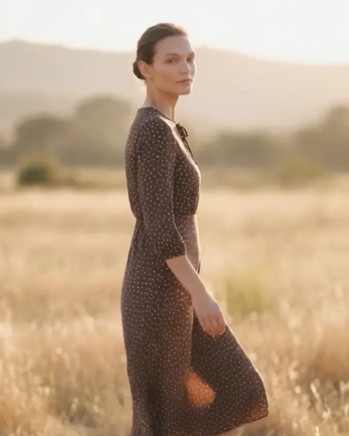 Exklusives KI-Model für RABE Fashion im langen braunen Kleid auf einem Sommerfeld